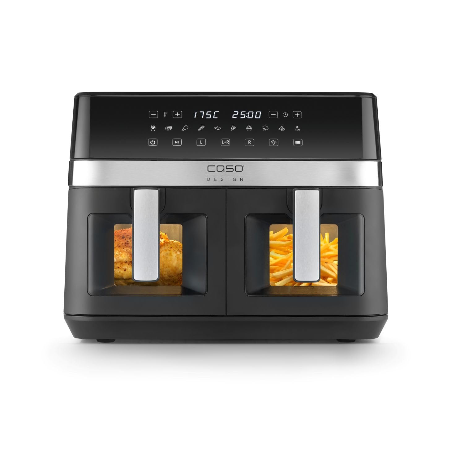 CASO AirFry DuoChef -Heißluftfritteuse mit 2 Kammern, 14L Volumen, nahezu fettfrei, 10 Programme, 50-200°C, Timer, LED-Anzeige, Sichtfenster, SHAKE-Reminder, spülmaschinengeeignet