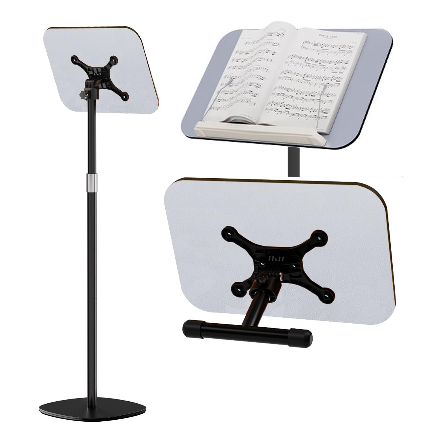 Leggio Musicale Regolabile 2 In 1, Leggio per Libri, per Pavimento/Tavoloaltezza Regolabile 80-140 Cm, Leggio Inclinabile a 180°, Base Antiscivolo per Spartiti, Ricette, Tablet, Laptop