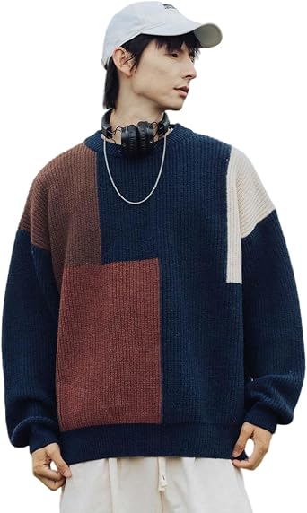 Harajuku Mens Knit Sweater Y2k Color Block Patchwork Pullover Sweater Hip Hop Coogi Loose Round Neck Knit Sweater