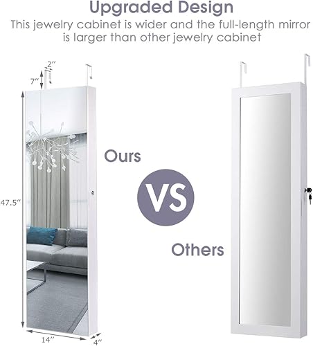 Miniatura 9 de Byroce - Armario de joyería de 47.5 pulgadas de alto, montado sobre la puertapared, espejo de longitud completa con almacenamiento de joyas, armario