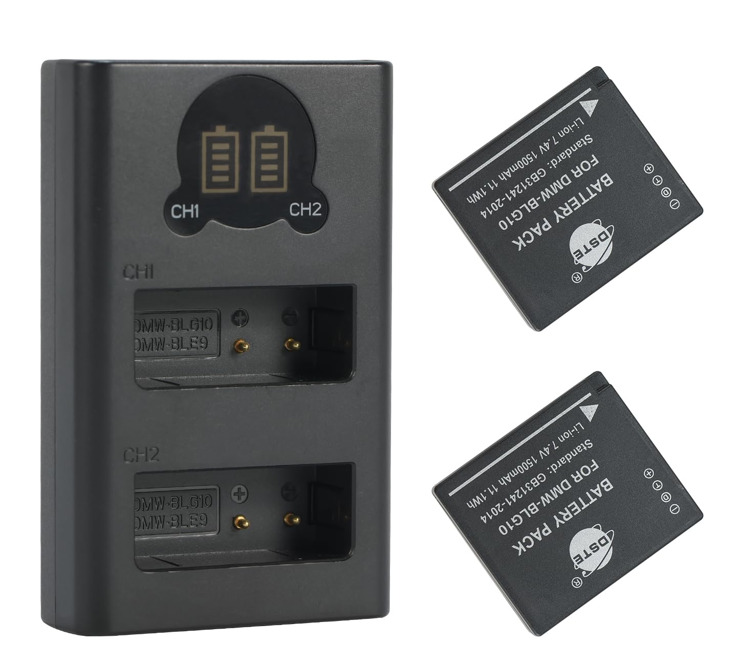DSTE 7.4V 1500mAh DMW-BLG10 DMW-BLG10E Replacement Battery (2-Pack) and Smart LED Dual USB Charger Compatible for Panasonic DMW-BLE9 DMW-BLE9E DMW-BLE9PP,Lumix DMC-GF6
