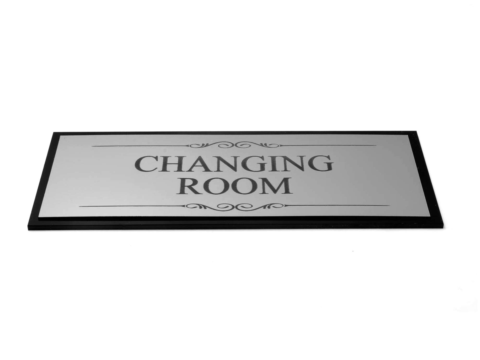 OriginDesigned Changing Room Door Sign, Adhesive Plaque, Stylish Metallic Silver and Black - Acrylic (Size 19.5cm x 7.6cm) supplied with adhesive strips