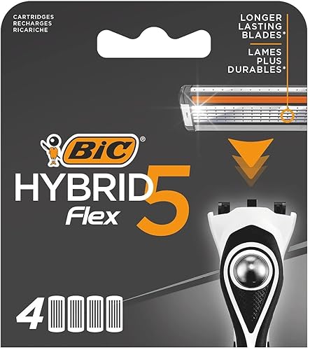 BIC Hybrid 5 Flex - Recambios de afeitadora para hombre con 5 cuchillas móviles Nano-Tech con revestimiento de titanio, caja de 4 cartuchos
