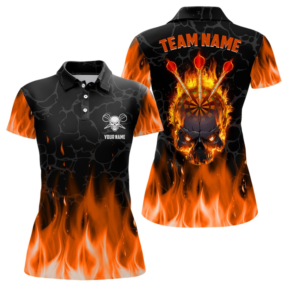 Orange Flammen Schädel Darts Polo & Quarter-Zip Shirt – Individuelles Gruseliges Darts Shirt für Herren & Damen – Dart Trikots L1421
