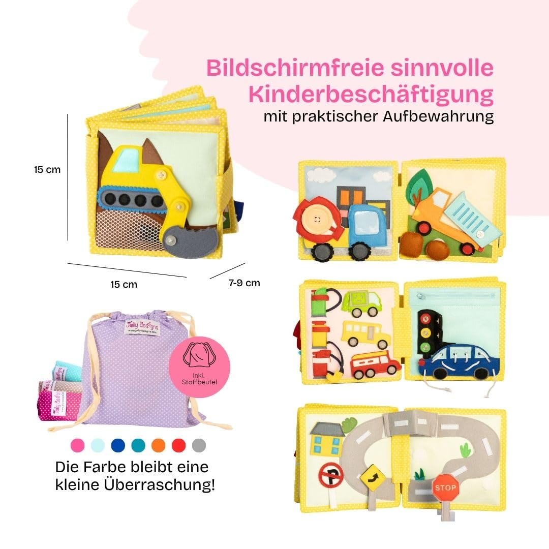 Jolly Designs Mini Quiet Book Mein erster Bagger – Montessori Spielzeug ab 18 Monaten – Busy Book & Stoffbuch aus Filz – Lernspielzeug zu Fahrzeugen & Verkehrsregeln – Motorikbuch für Kleinkinder