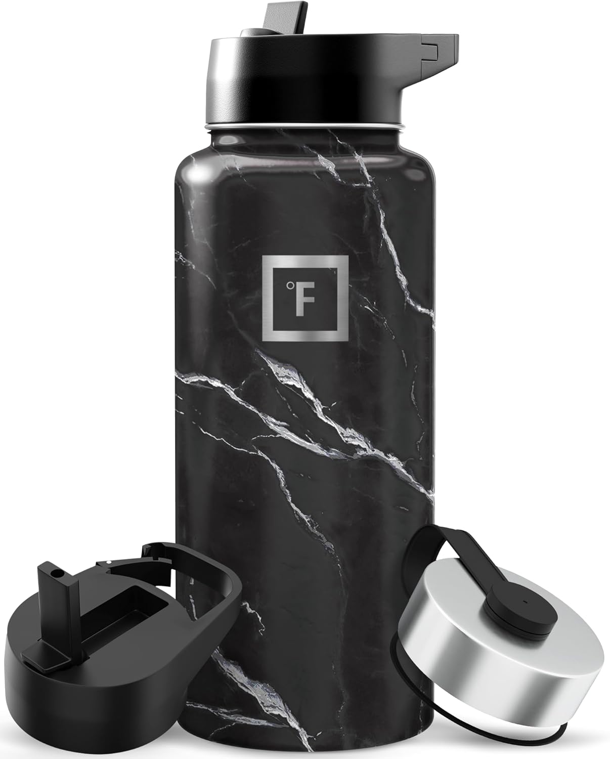 IRON °FLASK Camping & Hiking Hydration Flask with Straw, Wide Mouth Insulated Stainless Steel Sports Water Bottle - 32 oz Black Marquina