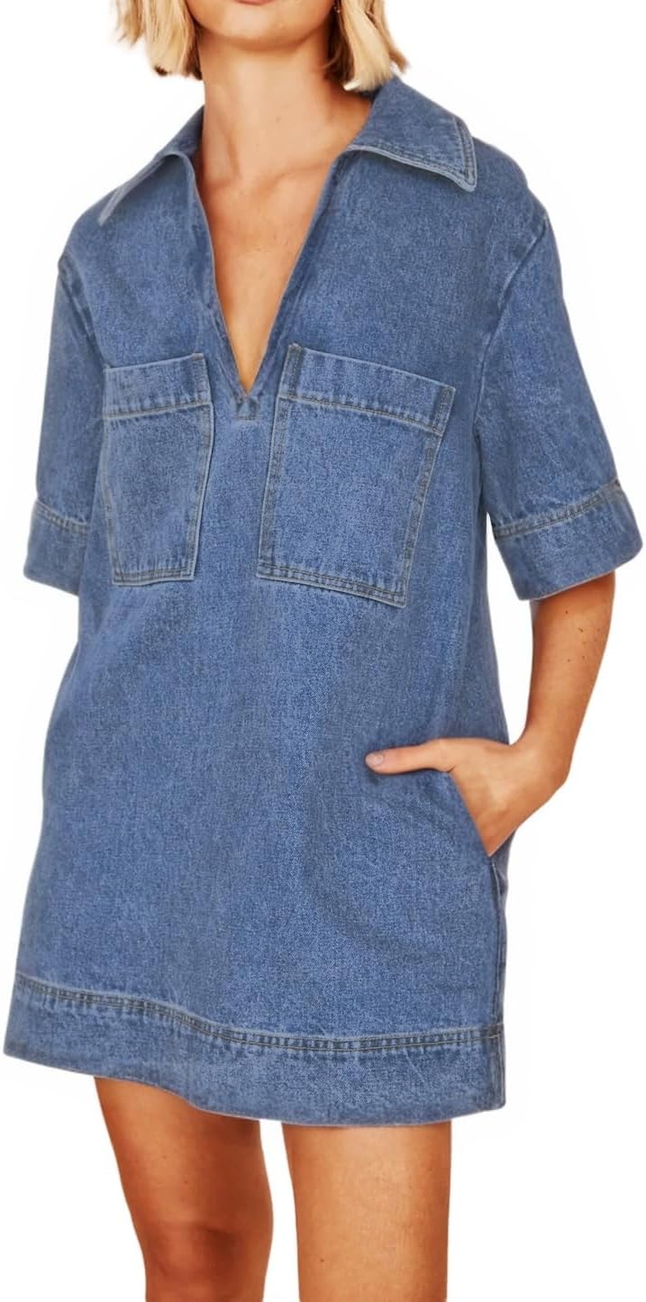 EZAPINE Women Blue Denim Dress Summer Deep V Half Sleeve Casual Loose