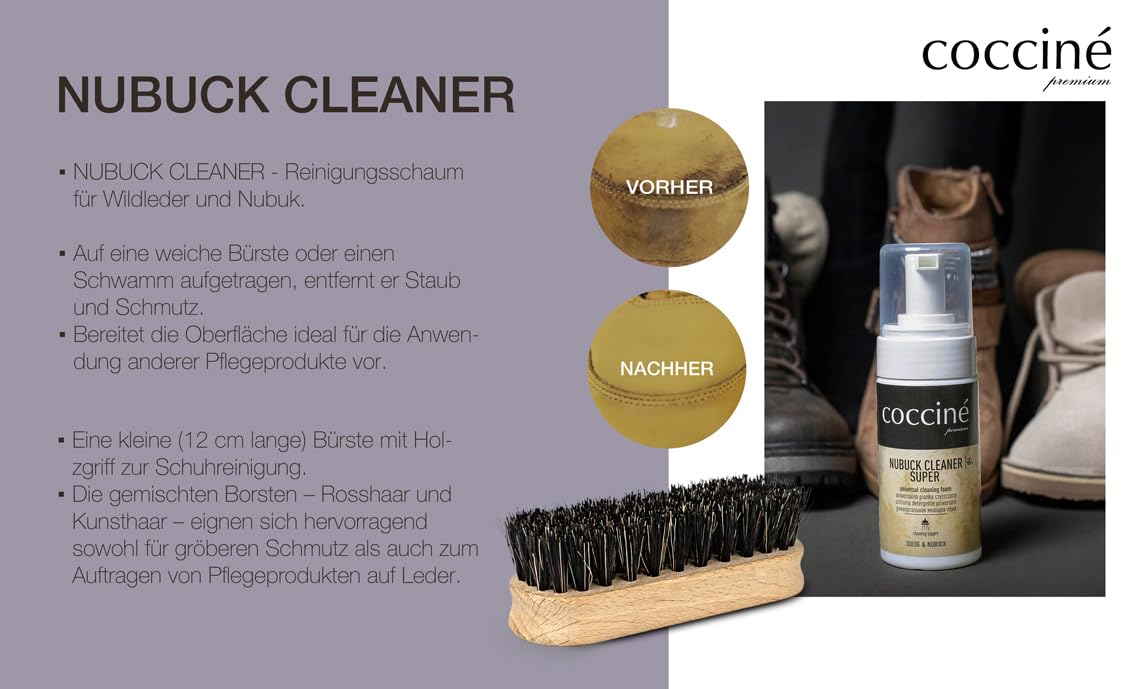 Cocciné - Kit Cura Scarpe 3 in 1, Mousse Detergente per Nabuk e Camoscio, Gomma Antimacchia per Camoscio, Pulizia Pelle e Materiali Delicati, Accessorio per la Manutenzione delle Calzature