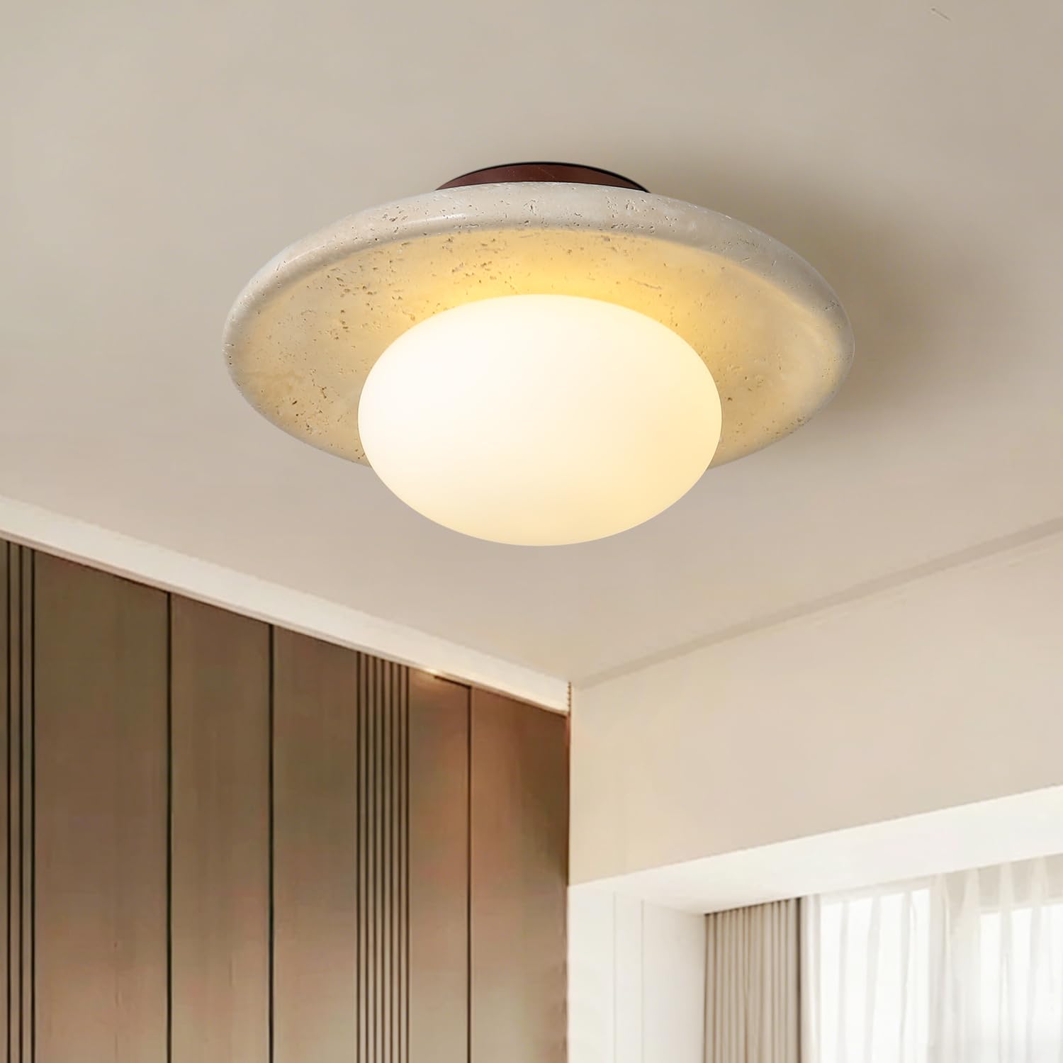 Photo 1 of **MINOR MATERIAL CHIP TAN PIECE**JIANTLAIUS 12 Inch Wabi-sabi Style Yellow Natural Stone Marble Ceiling Light, Dimmable Nordic Wood&Natural Travertine Ceiling Lamp, Round Hallway Ceiling Lighting for Kitchen Balcony Bathroom