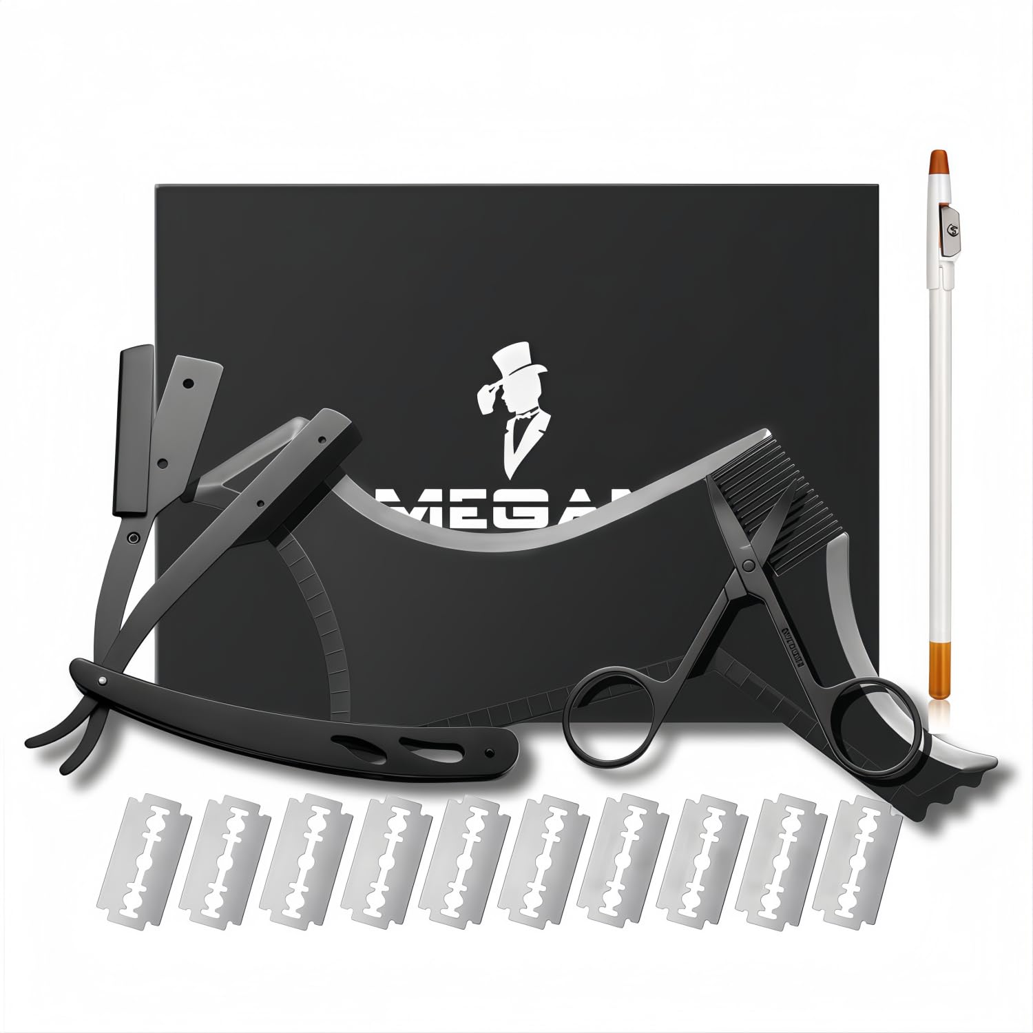 Megan beard shaping tool,5 piece set beard shaper for man - include professional straight edge razor,template guide,10 count of double edge blades,barber pencil and stainless steel scissors.