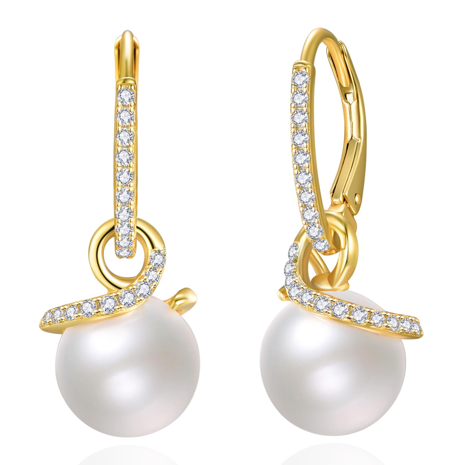 LOIPURI Pearl Drop Earrings for Women - 925 Sterling Silver /14K Gold Plated Pearl Dangle Earrings with Cubic Zirconia Swril White Pearl Drop Earring