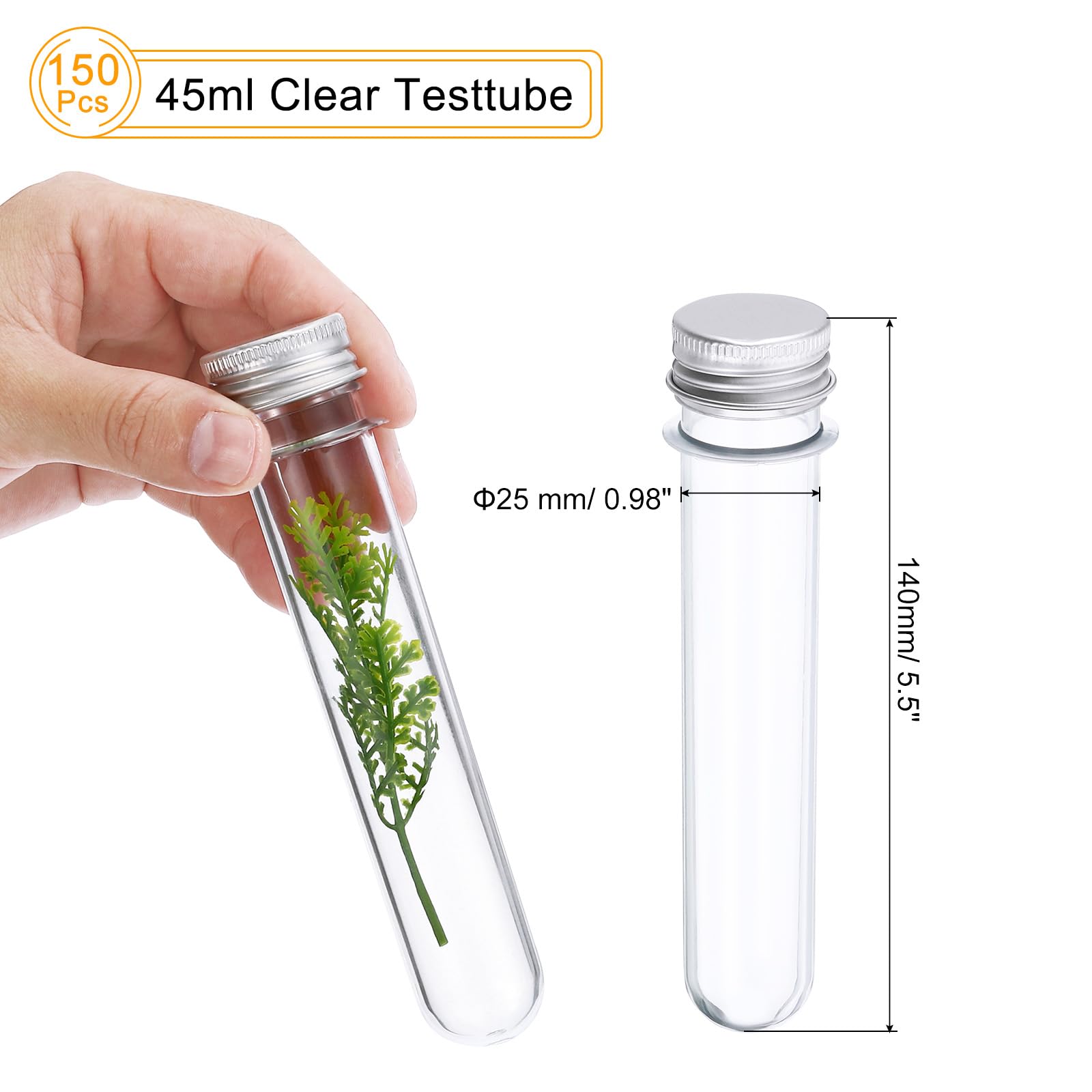 PATIKIL 150Stk 45ml Plastik Reagenzglas mit Schraubkappen 140x25mm Rohre Aluminum Deckel für Wissenschaftliche Experimente Party Dekoration Süßigkeiten Perlen Lagerung Badesalz