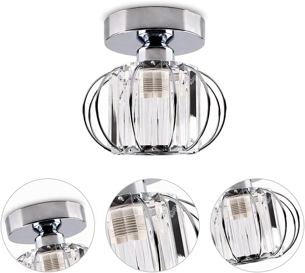 FRIXCHUR Small Chandelier Semi Flush Mount Ceiling Light Fixture Chrome Crystal Ceiling Lighting Modern Crystal Ceiling Light Fixture for Hallway Closet Kitchen Island Dining Room Bedroom E26 Base