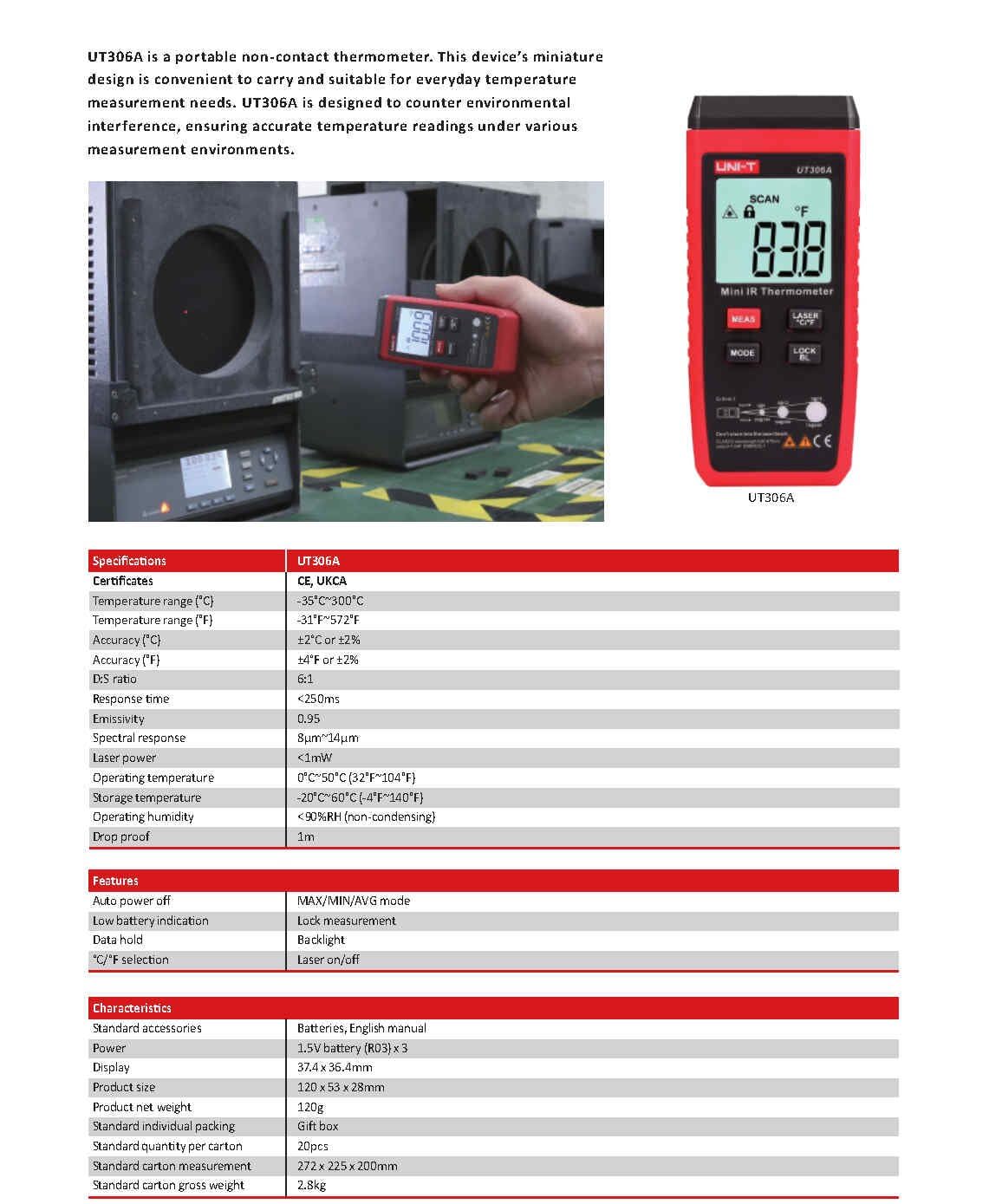 UNI-T UT306A Red Laser Thermometer Digital Infrared Thermometer Liquid Crystal Display Non-contact -35~300C(UT306A)