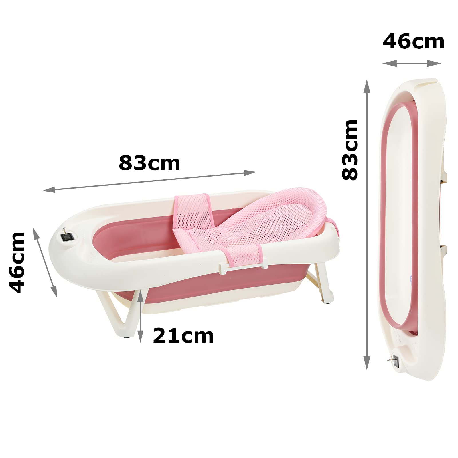 Bañera plegable para bebé con termómetro, cojín de baño, taza para lavar el pelo, bañera para bebés, bañera para bebés con estructura a partir de 0 – 3 años (rosa)