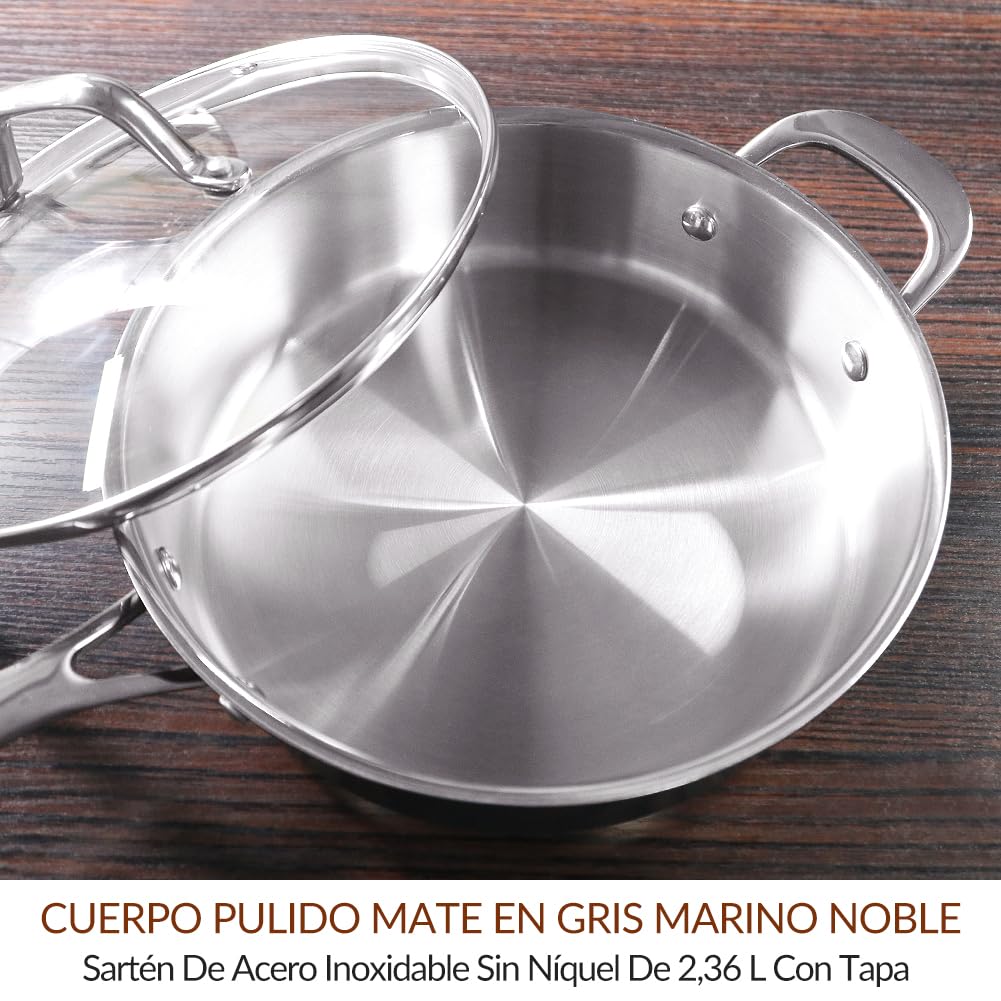 HOMICHEF sartén para saltear de acero inoxidable sin níquel de color gris marino de 24 cm con tapa apta para inducción y horno - Sartén pulida mate premium no tóxica de 2,36 L con tapa de vidrio