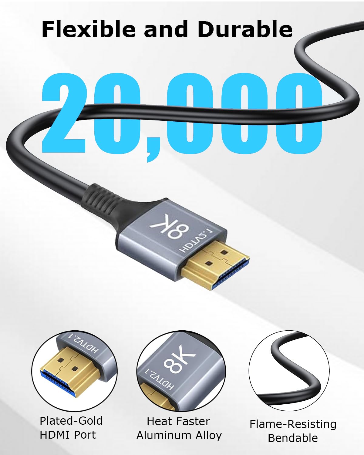 Cable HDMI 2.1 de 6.6 pies, cable HDMI blindado 8K de 6.6 pies, 48 Gbps, cable HDMI de alta velocidad para monitor de TV, 8K a 60Hz, 4K a 120Hz/165Hz, HDCP 2.2 y 2.3, HDR 10 para ARC, eARC, PS4 PS5