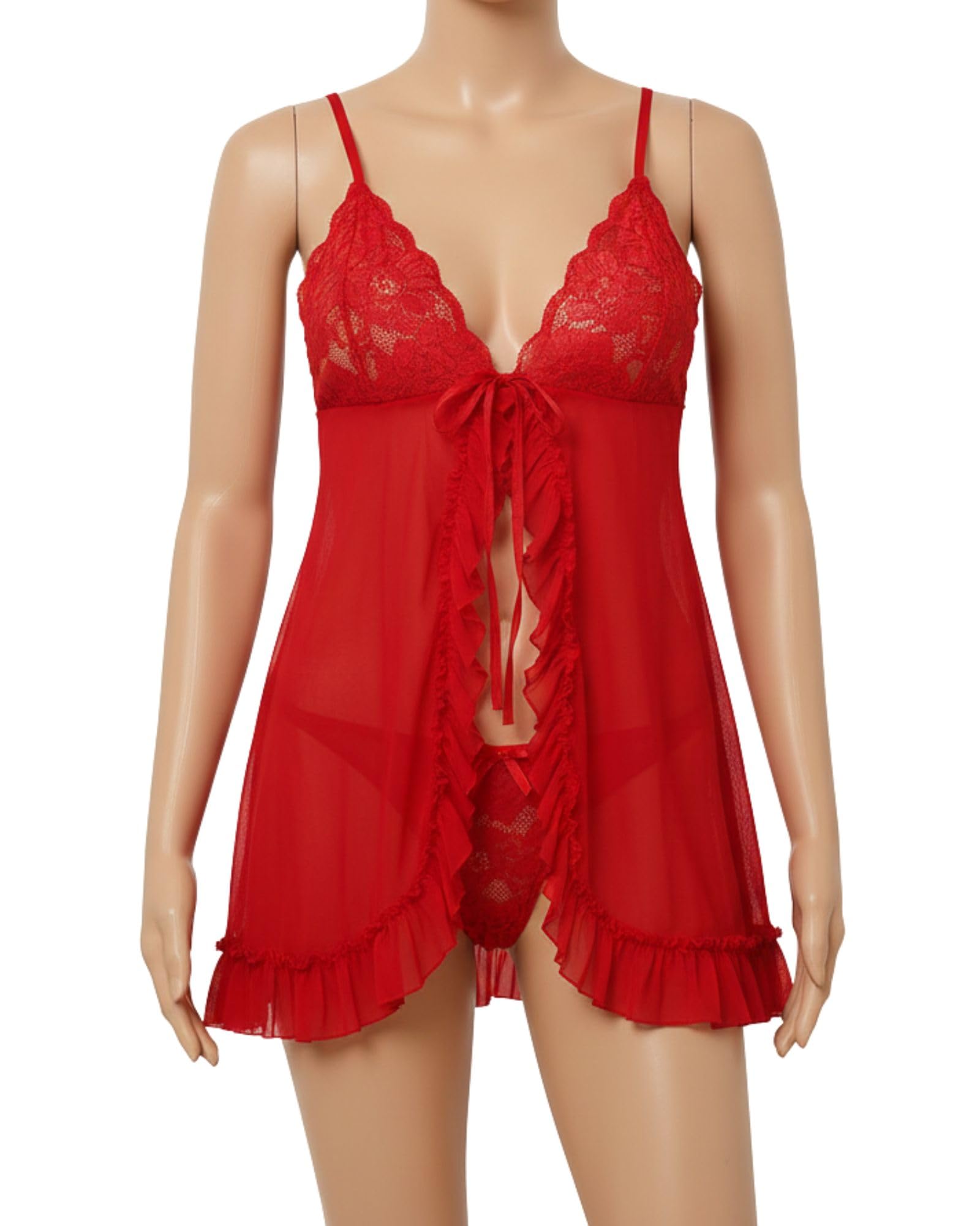 Women Sexy Lingerie Open Front Babydoll Dress Lace Chemise Sleepwear Mesh Nightgown with Thong-image-28