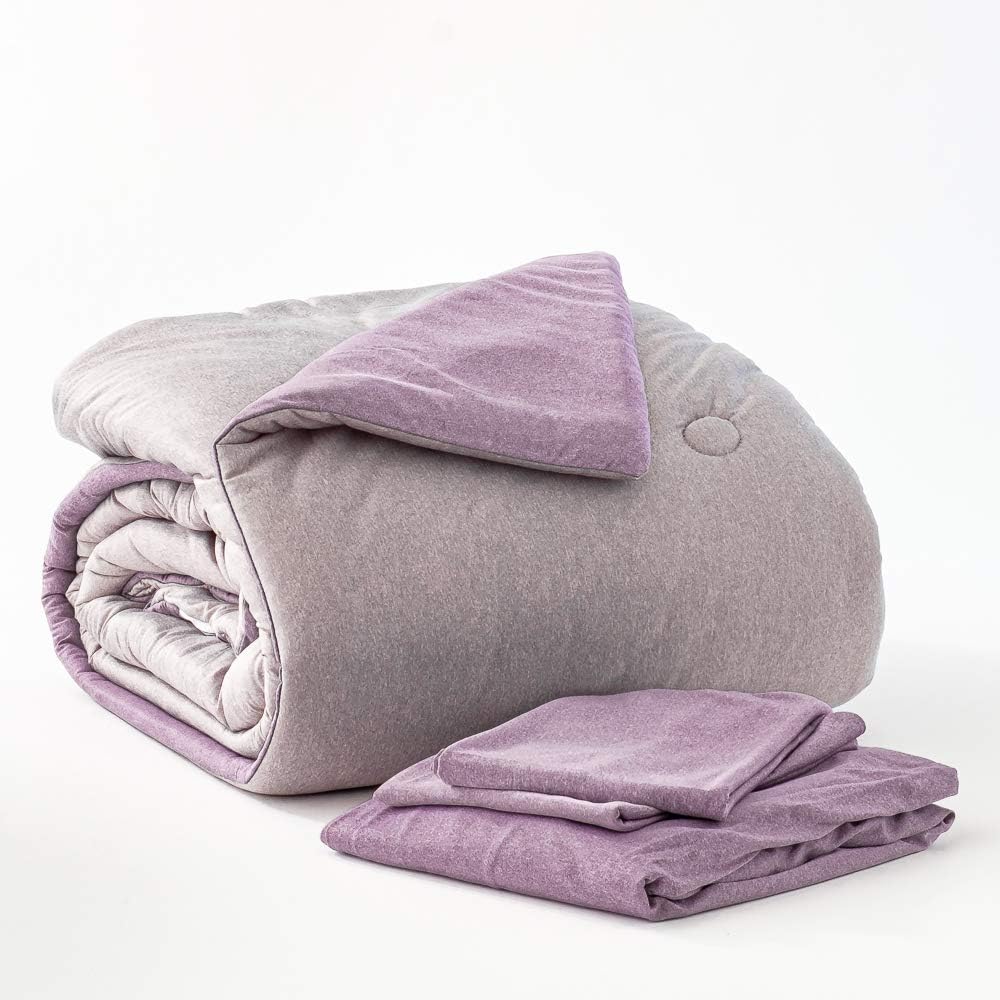 Dawn All-U-Need Bed-in-a-Bag Comforter Set | Full/Queen | 4-Piece Bedding Bundle with Reversible Comforter, Fitted Sheet and Pillowcase(s) | Grey & Lavender Jersey | Velvety Soft Microfiber