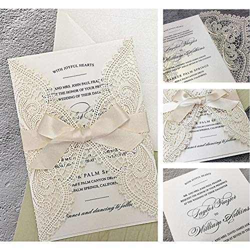 Picky Bride 25pcs 5x7 Wedding Invitations with Envelopes, Laser Cut Lace Hollow with Elegant Ribbons, for Wedding Bridal Shower Engagement Birthday Party Invite, Ivory - Thumbnail 4