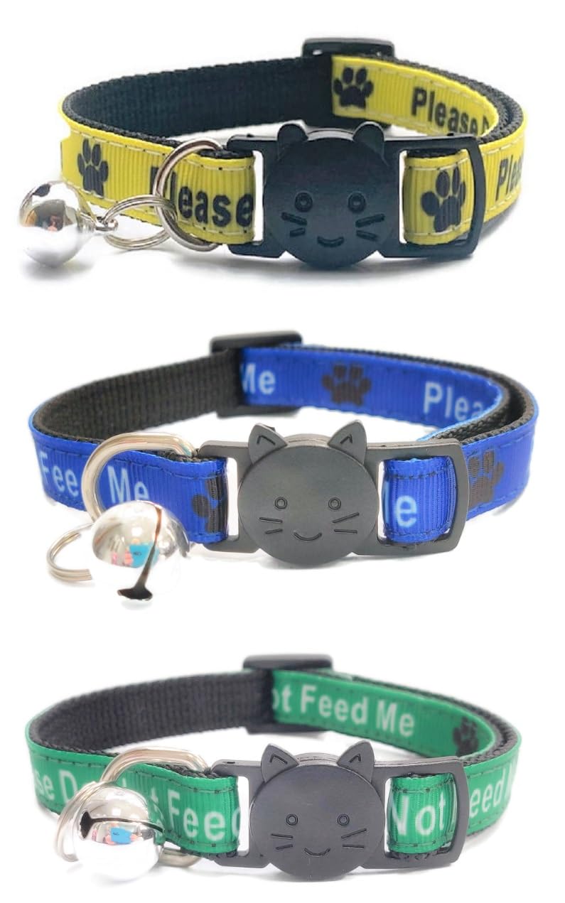 Worded Cat Collars with Bell - Please Do Not Feed Me, I Am Microchipped, 1. Yellow/Blue/Green, Please Do Not Feed Me, Pack of 3