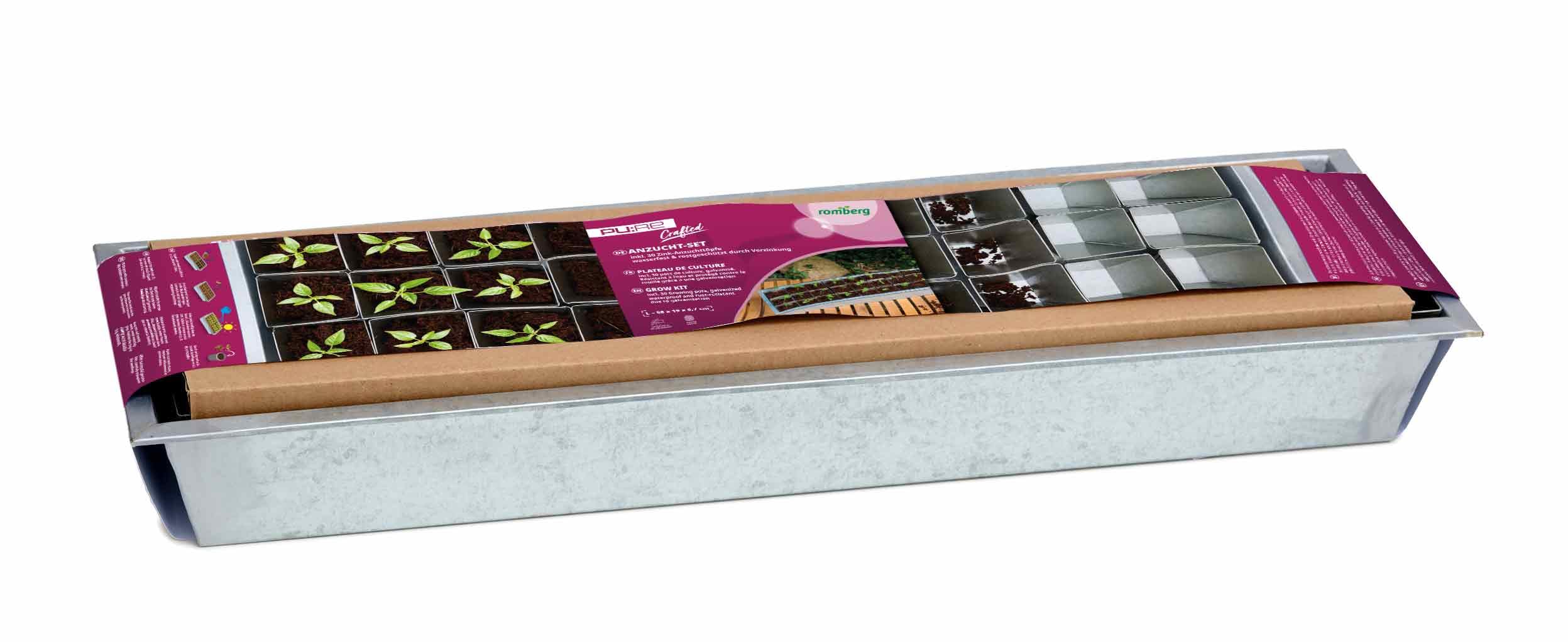 Romberg PU:RE Crafted Anzucht-Set 58x19x 6,7cm inkl. 30 Zink-Pots, zinkgrau