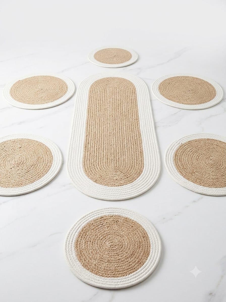 Premium Handmade Braided Cotton Dining Table Mats and Runner Set (Combo: 1 Runner + 6 Mats, Beige & White) | Heat Resistant Boho Decor-image-6