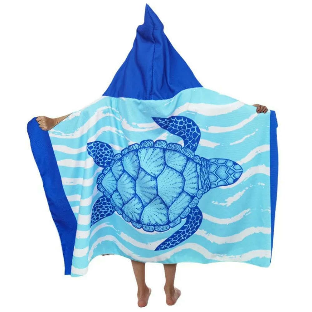 ZBDP Serviette de plage tortue de mer en microfibre douce à séchage rapide Grande cape de bain à capuche pour enfants filles Poncho Peignoir de bain Surf