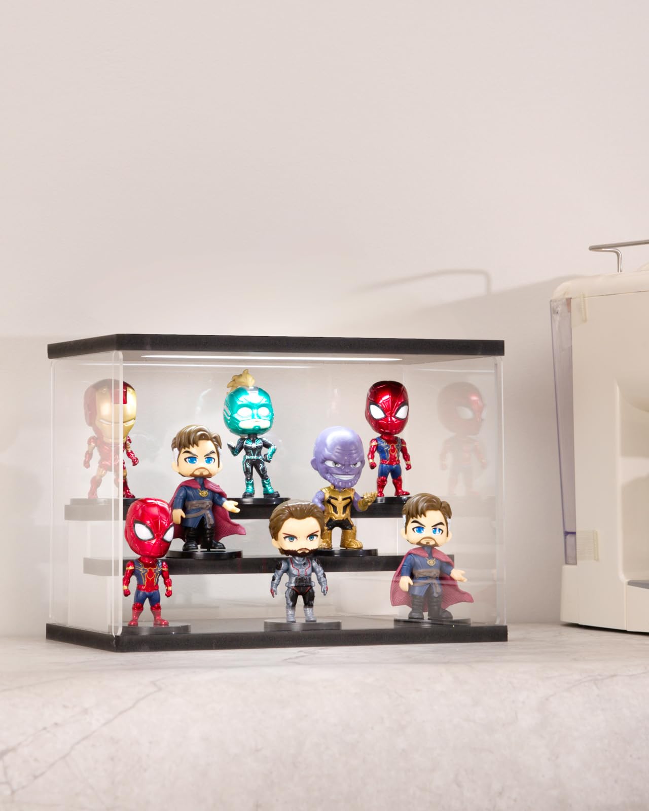 AZEYN Clear Acrylic Display Case with Light , 3 Tier Display Box Stand Assembly Dustproof Protection Showcase for Collectibles Action Figures (Black 12.6×7×9in; 32×18×23cm)
