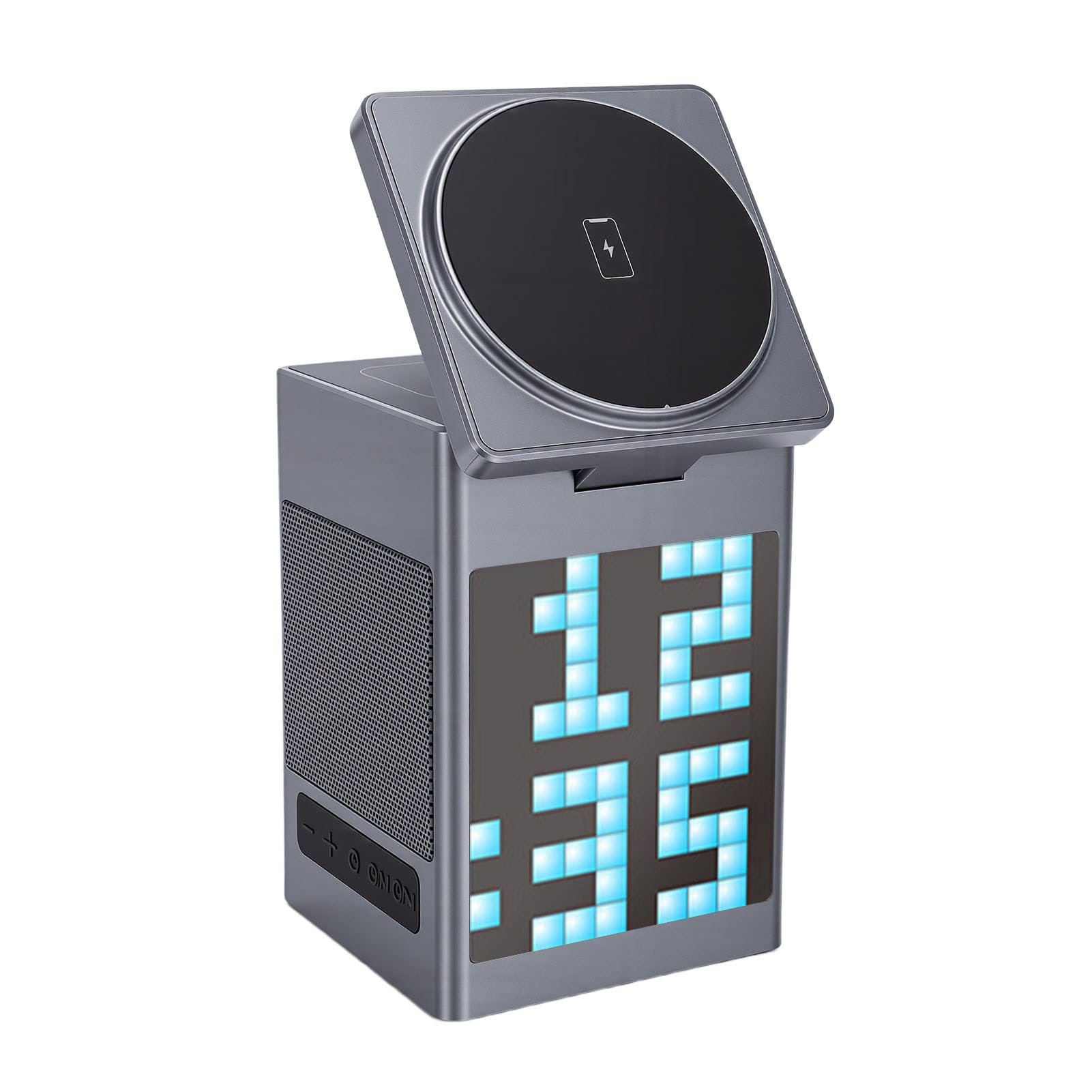 Generic 6 en 1 Cargador Inalámbrico Bluetooth Altavoz Pantalla Píxeles Despertador para Usuarios de Teléfonos iOS Metal