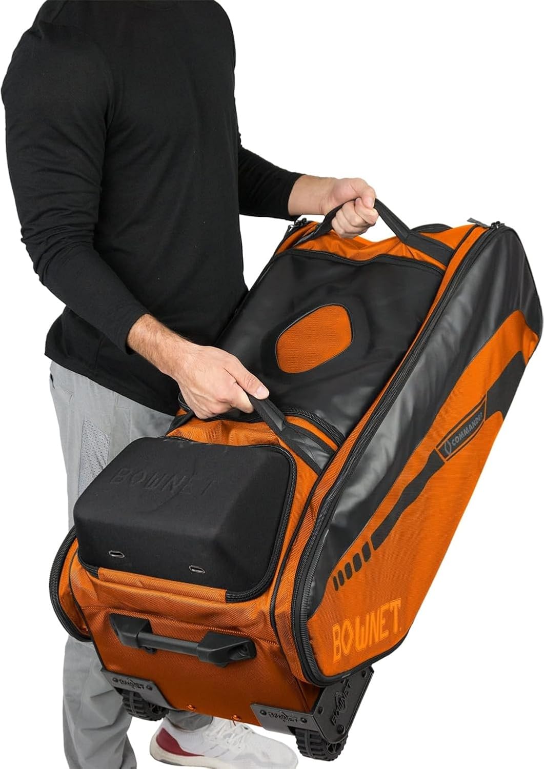Bownet Commander Catcher’s Gear Bag with Wheels – Heavy Duty Rolling Baseball & Softball Equipment Bag, 14 Pockets, Helmet Case, Big Trax Wheels, Travel Approved