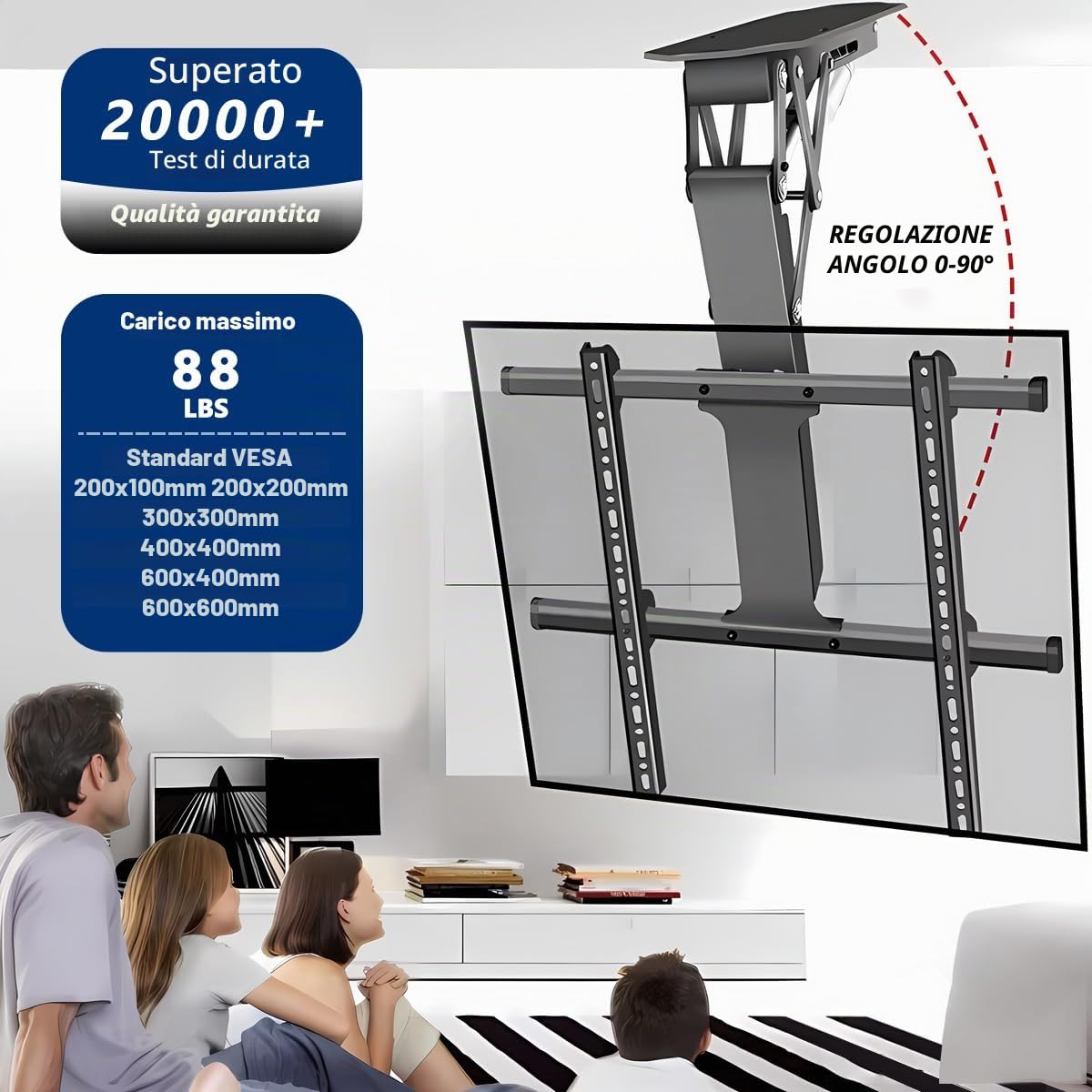 supporto motorizzato tv per soffitto ribaltabile e girevole, Regolazione dell'angolazione da 0 a 90° staffa tv soffitto motorizzata con telecomando per schermi da 32 a 70 pollici (black, 32-70 inch)