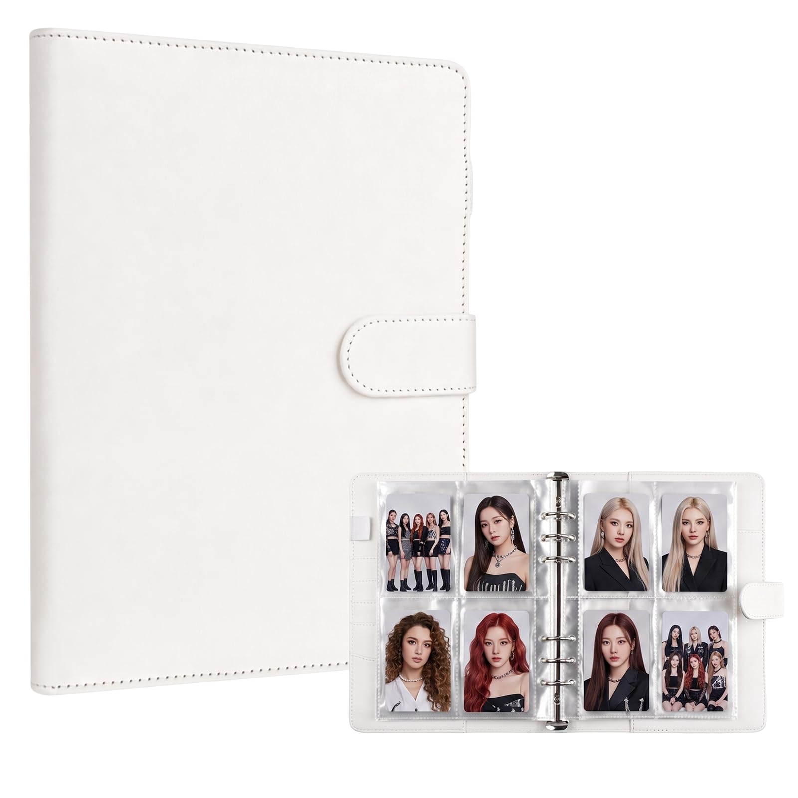 A5 Kpop Photocard Binder 6 Ring Album with 25 Pages (4 Pockets per Page, 100 Card Slots) PU Leather Cover & Magnetic Buckle White Ideal Gift for K-pop Fans, Organise Display Trading Cards & Photos