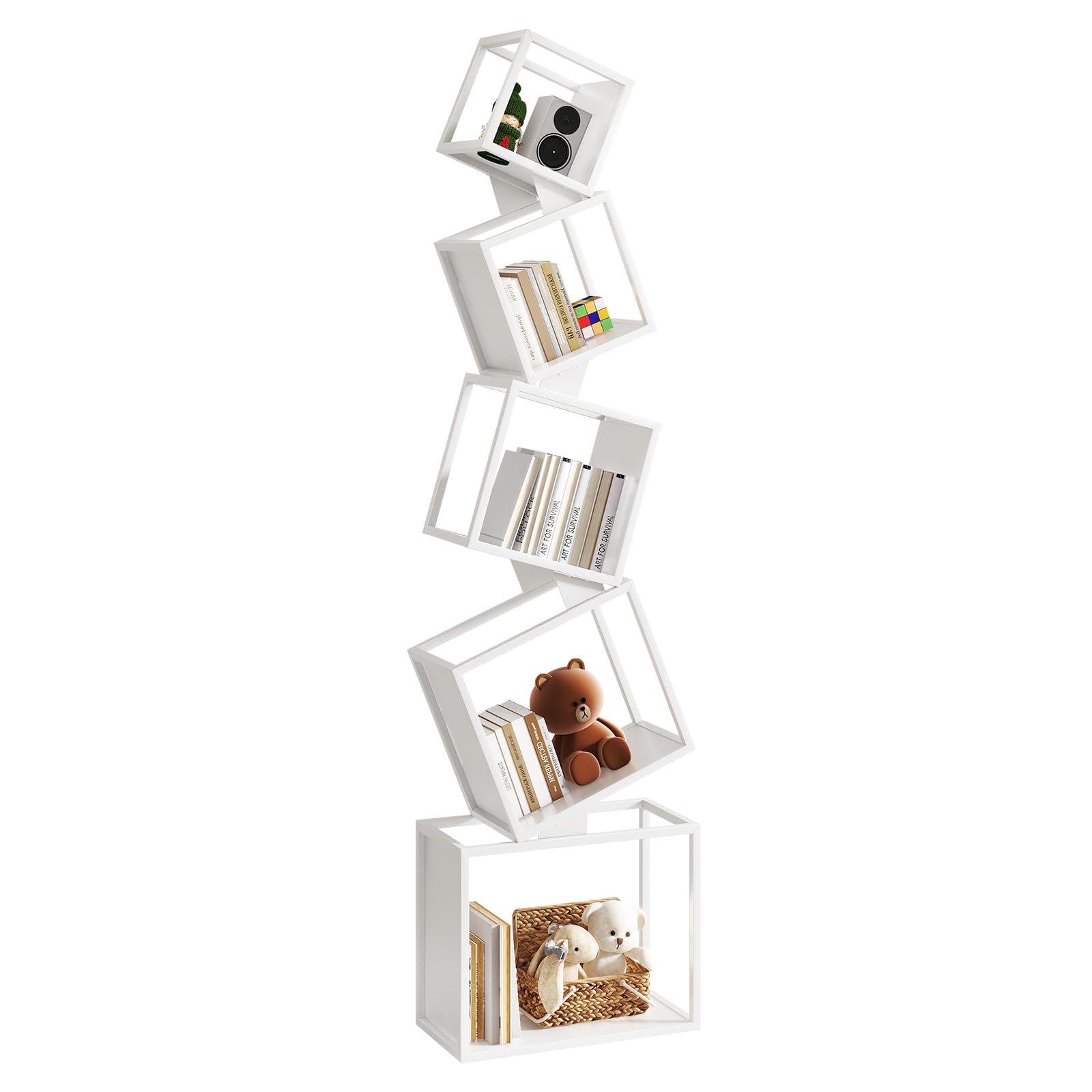 YMYNY Libreria a Cubi, Scaffale in Metallo con 5 Livelli, Alto 180 cm, Libri moderni verticali, Scaffale Portaoggetti Aperto, Geometrico, per Soggiorno, Camera da Letto, Studio, Bianco HBC007W