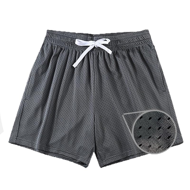 Waghaw Mens Mesh Workout Shorts - Retro 5 Inch Inseam Boys & Mens Grey Mesh Shorts (Grey, M)
