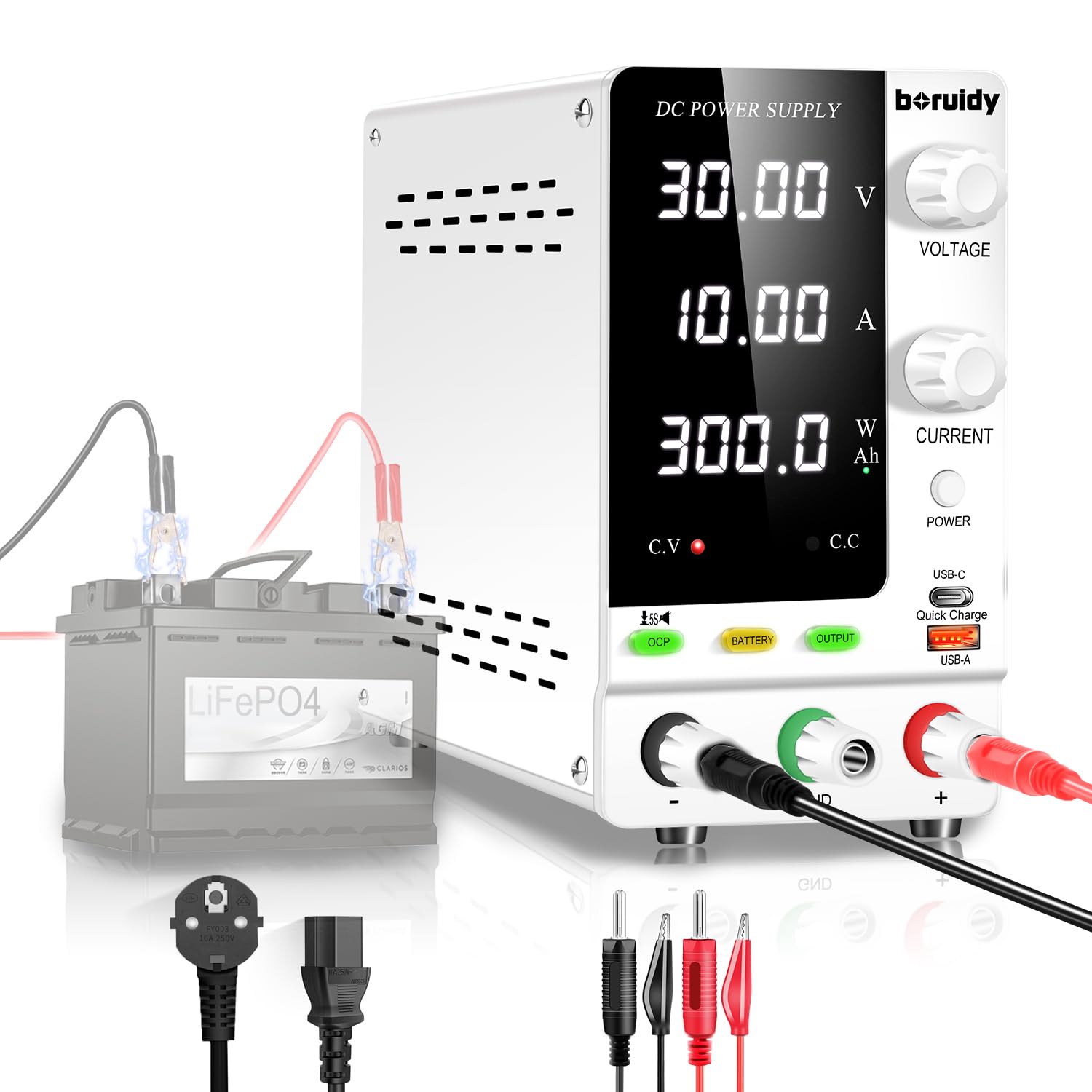Alimentatore da Labotorio 30V 10A Encoder Alimentatore DC Regolabile 1V~24V Batterie Caricabatterie con 18W USB-A/C Carica Rapida Porto/Output Pulsanti Alimentatore Banco Stabilizzato