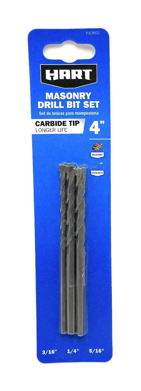 HART 3-Piece 4" MASONRY/CONCRETE DRILL BIT SET: 3/16" 1/4" 5/16" CARBIDE TIP