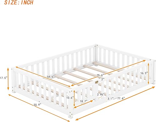 Miniatura 2 de CITYLIGHT Cama de suelo de tamaño matrimonial con rieles, cama Montessori de madera con listones de soporte, marco de cama matrimonial para niños