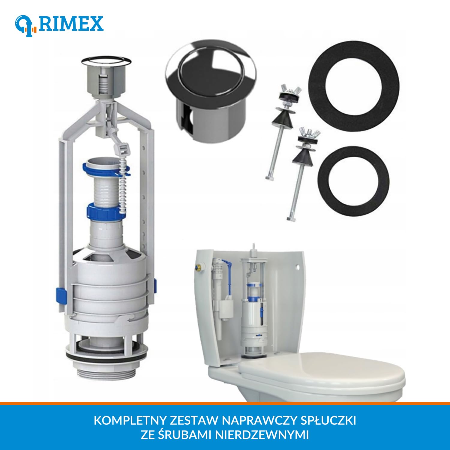 Rimex Zawór Spustowy Spłuczki Toalety 107 mm Zawór Do Spłuczki WC Z Funkcją Stopu Z Zestawem Naprawczym Do Spłuczki Toalety Z Uszczelkami Śrubami