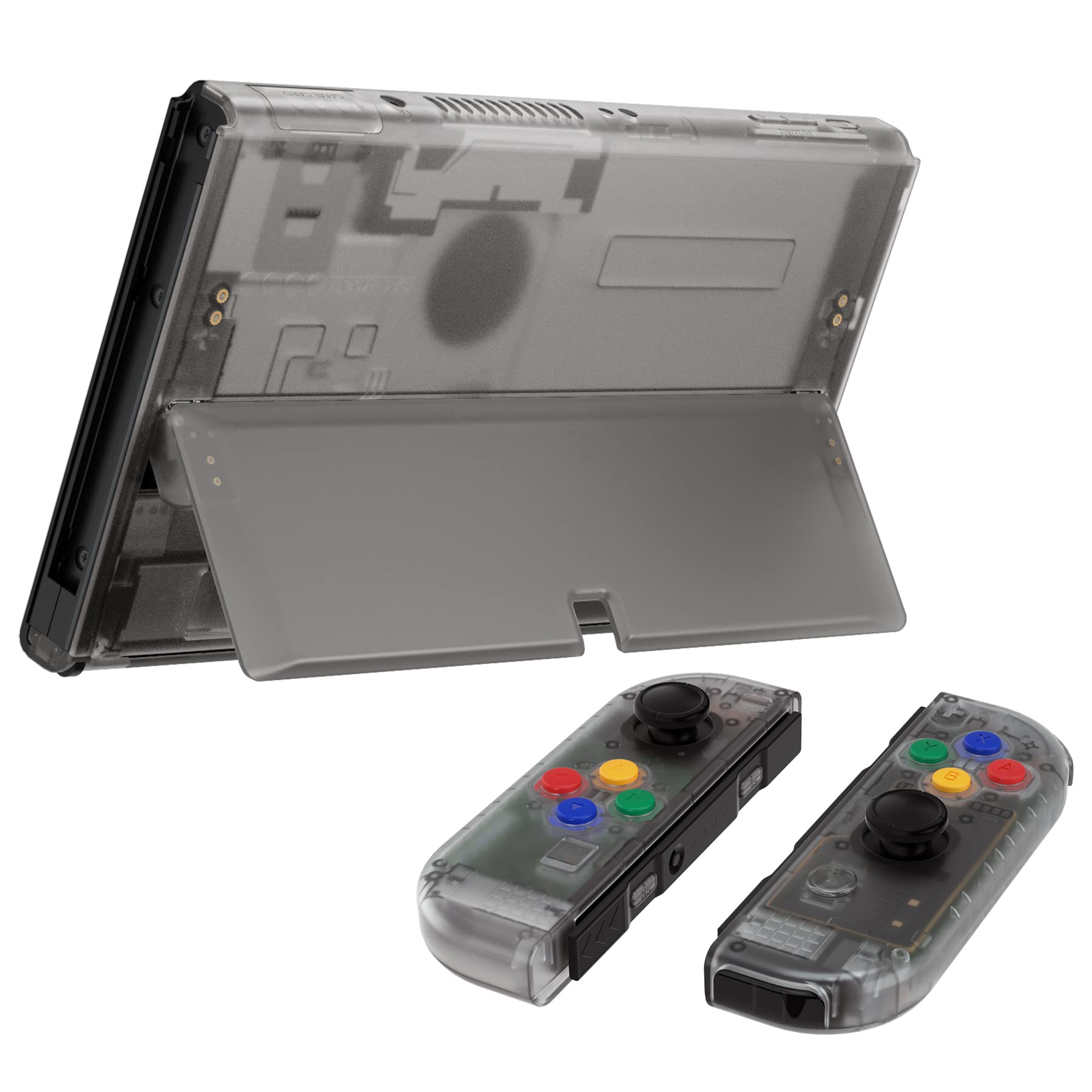 eXtremeRate Carcasa Transparente para Nintendo Switch OLED, Tapa Trasera & Soporte Placa con Botones Coloridos para NSO, Funda Protectora NS Joycons - Negro
