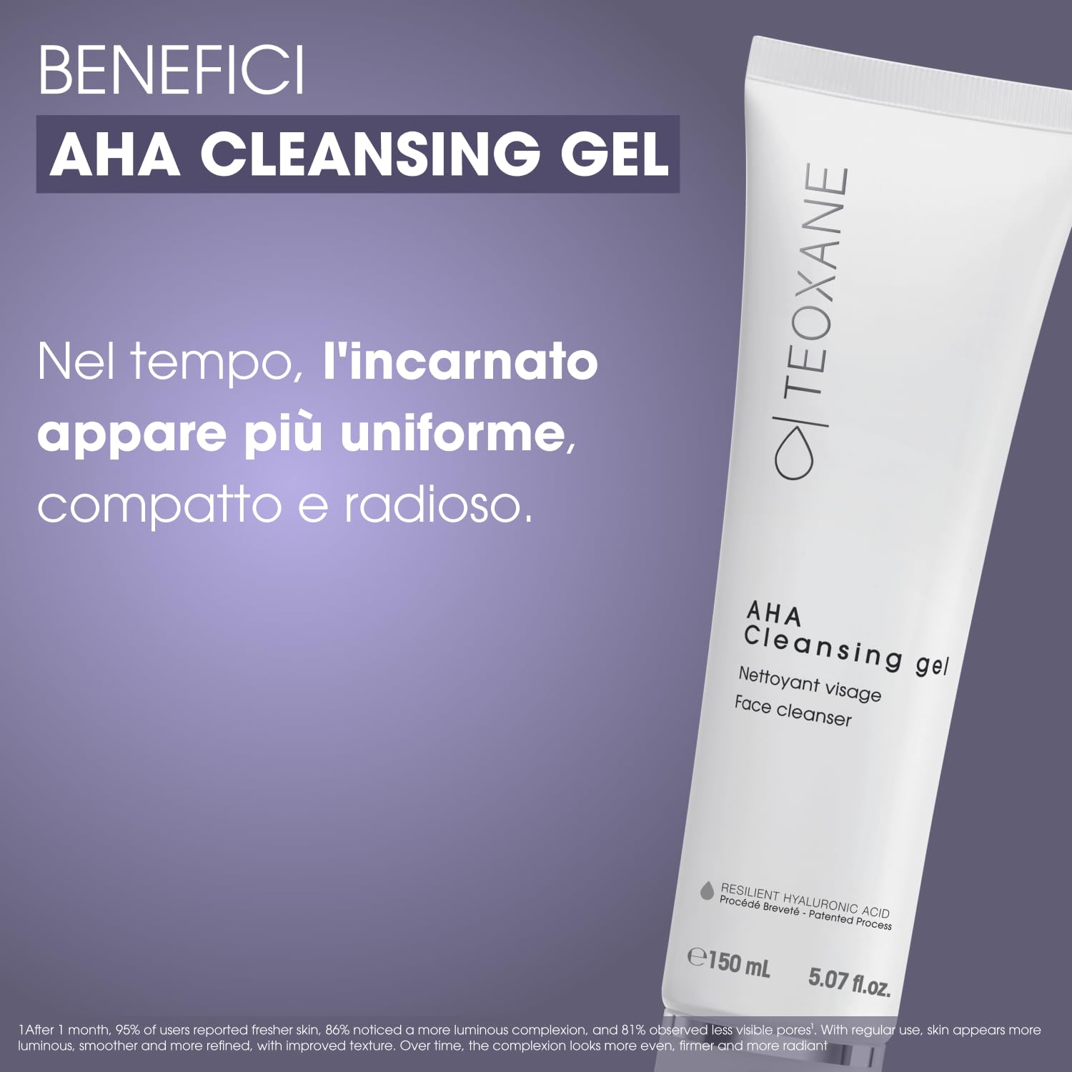 TEOXANE - AHA Cleansing Gel, Detergente esfoliante con AHA, Acido glicolico, Acidi della frutta e RHA®: deterge in profondità, Leviga e migliora la grana della pelle, Ideale per tutti i tipi di pelle