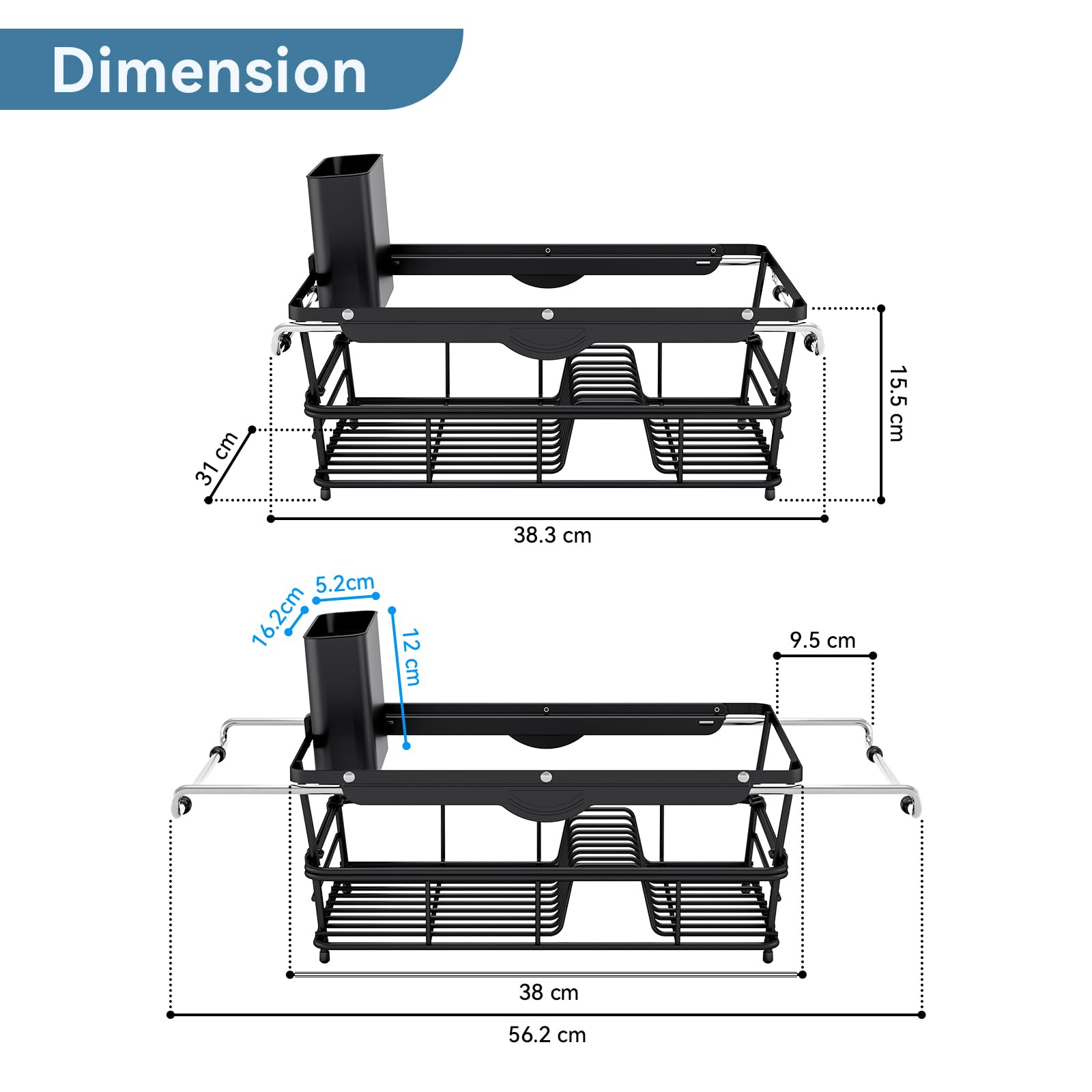 Dish Draining Board - Large Capacity Dish Drainer in the Sink, Extendable Drainer with Utensil Holder for Kitchen Countertop, 97-56.7 x 32.8 x 15.5 cm