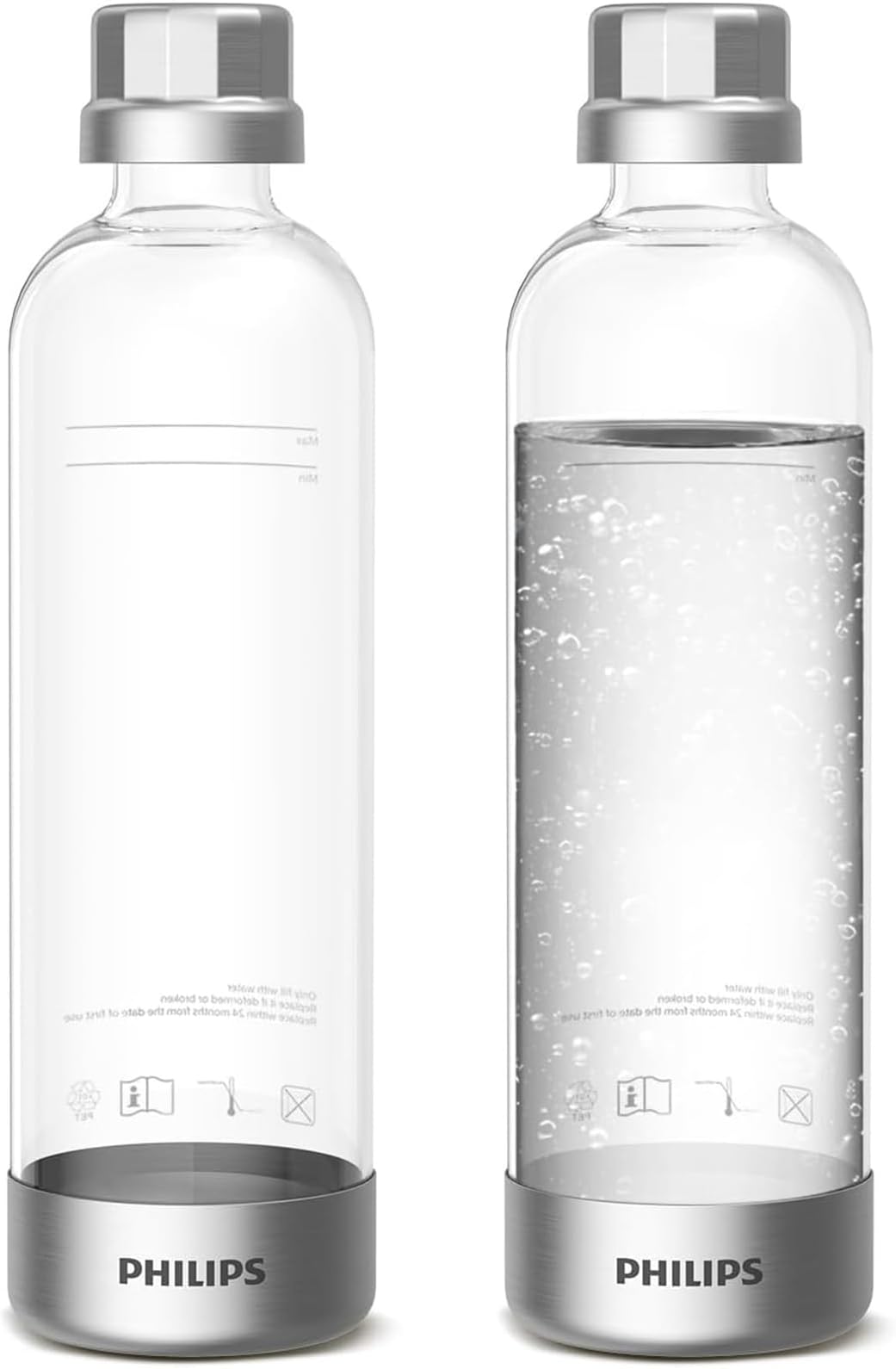 PHILIPS Carbonating Bottles, 1L Twin Pack Reusable PET Sparkling Water Bottles Compatible Sparkling Water Maker, 2 Pack