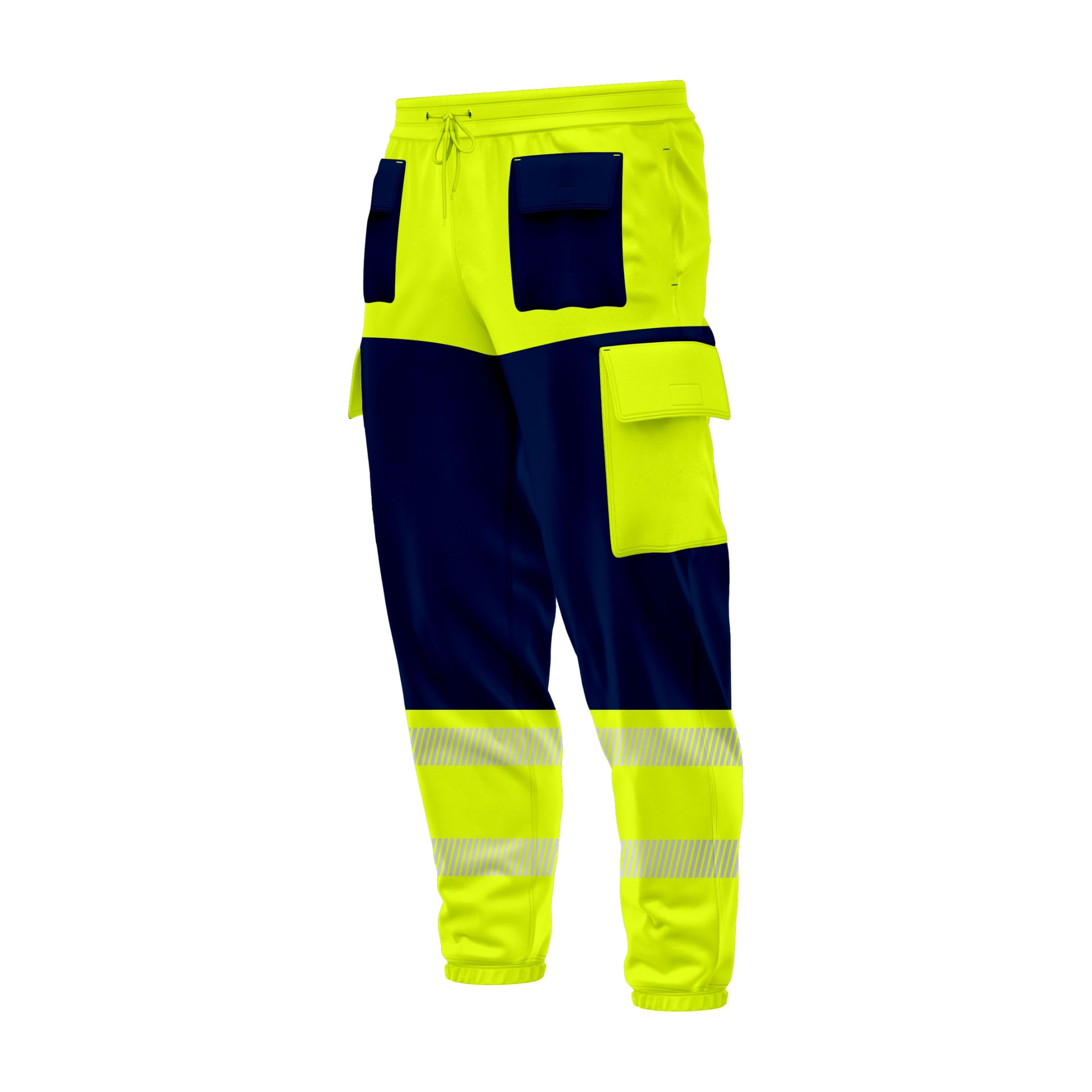 Mens Hi Vis High Visibility Contrast Multiple Pockets Cargo Trousers Bottoms Reflective Tape Drawstring Elasticated Waist Ankle Workwear Joggers