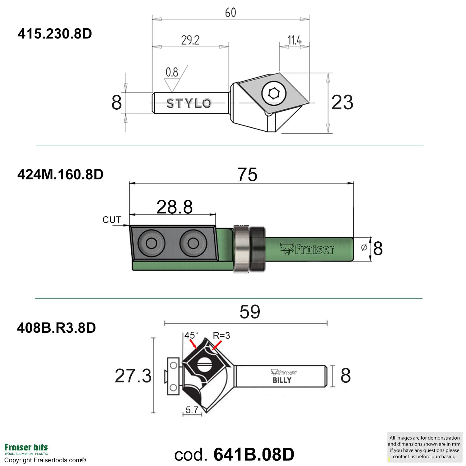 Fraiser Set di frese per legno, 3 frese ad inserti, gambo 8 mm, per fresatrice verticale, rifilatore e banco fresa - Kit base professionale