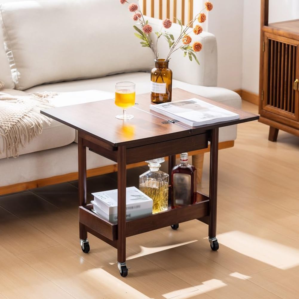 SXZenSpace Bamboo Snack End Table for Couch,Foldable Small Tv Tray Side Tables with Wheels,Modern Rectangle 2-Tier Storage Shelf
