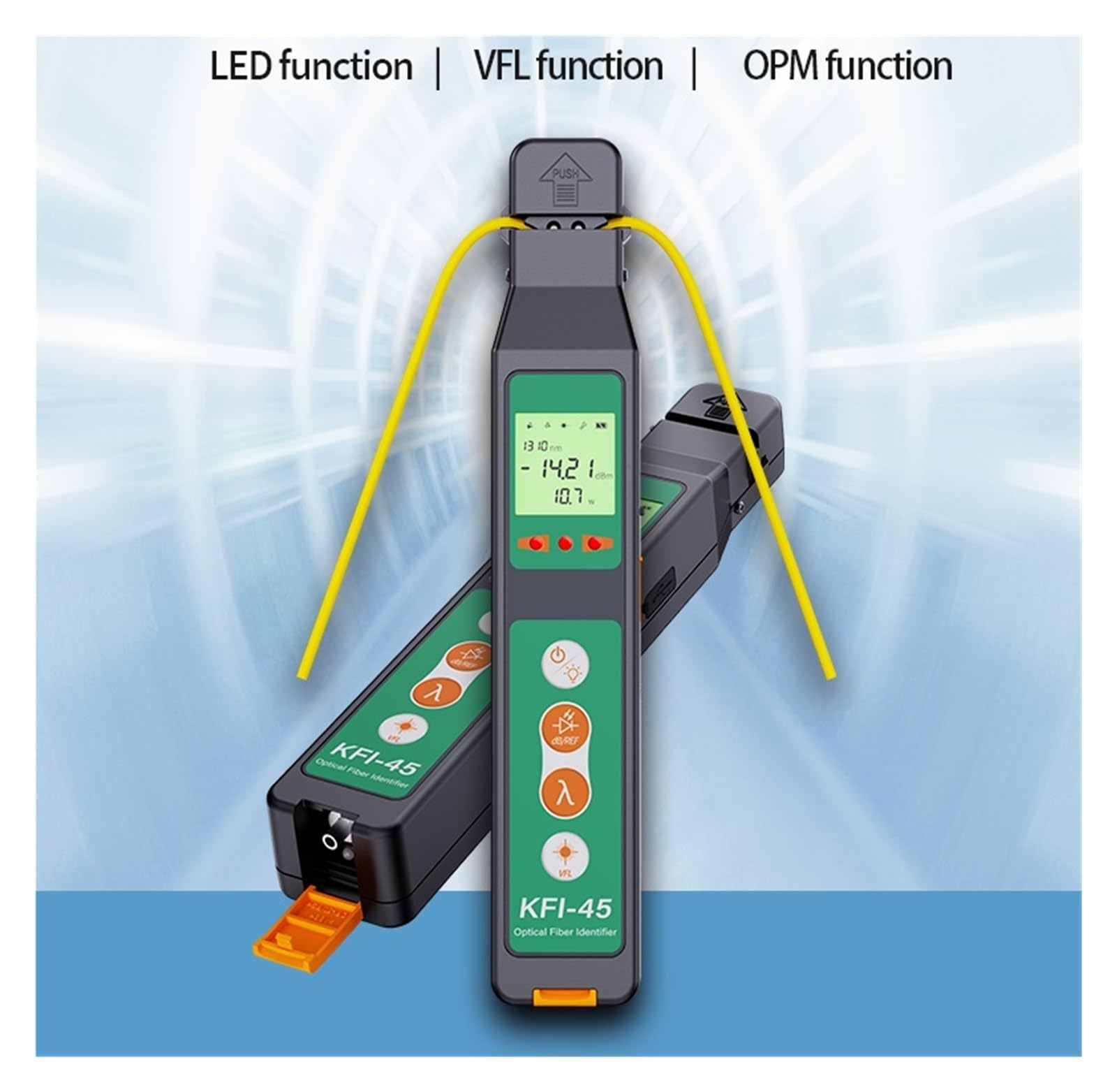 Longitud de onda 800-1700nm KFI-45 del identificador de tráfico de fibra óptica con VFL de 10MW, medidor de potencia y luz LED Error bajo | KFI-45-C