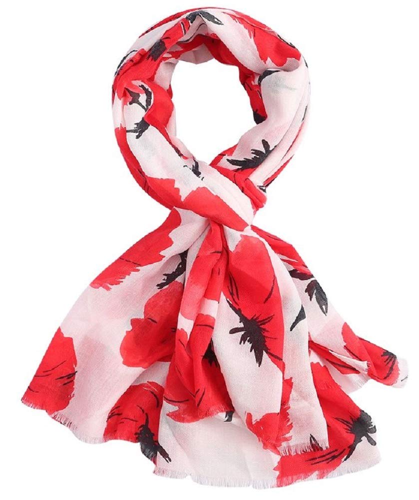 LilyRosa® Red Poppy Scarf Grey Navy Blue White Floral Ladies Scarves Wrap Shawl (White)