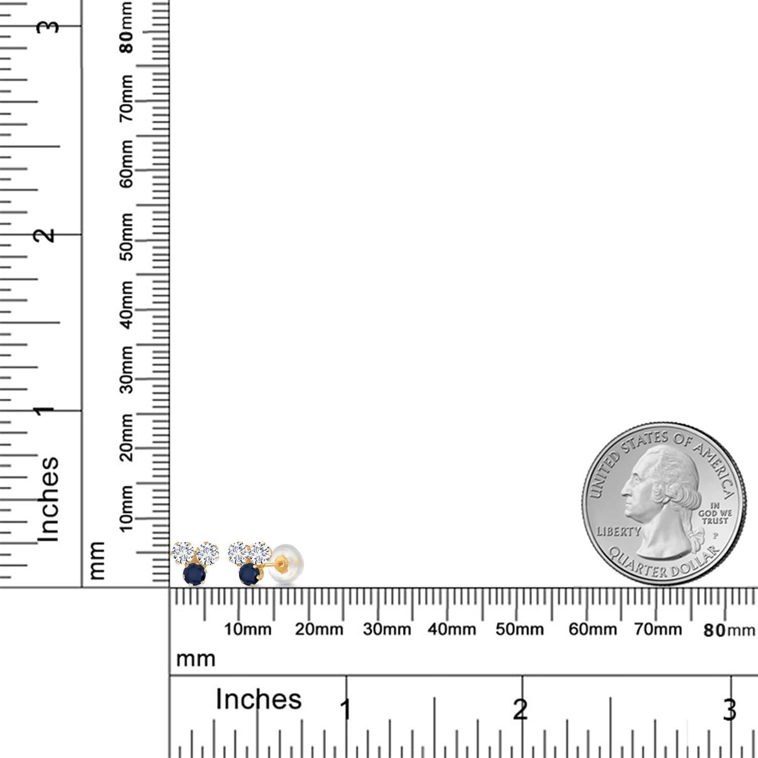 Gem Stone King 14K Yellow Gold White Lab Grown Diamond and Gemstone Birthstone Trio 3-Stone Stud Earrings for Women | 3MM Round | Fine Jewelry for Her Mom Women Wife - Image 3