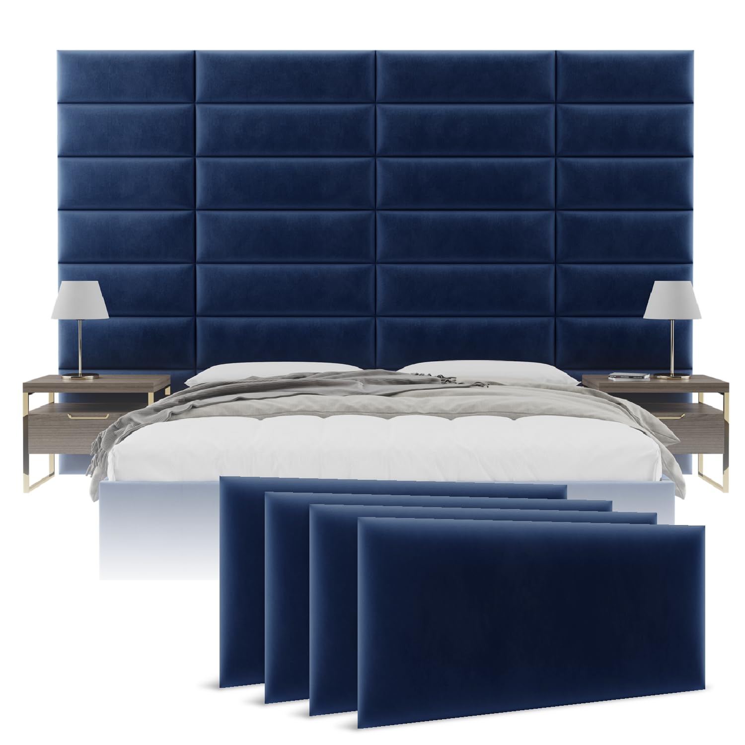 Vänt Upholstered Wall Panels - Queen/Full Size Wall Mounted Velvet Headboards - Velvet Navy - Set of 4 Panels (Each Individual Panel 30"x11.5")